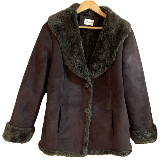VTG Y2K St Johns Bay Faux Suede Coat Jacket Women's L Brown Penny Lane Faux Fur - Picture 1 of 9